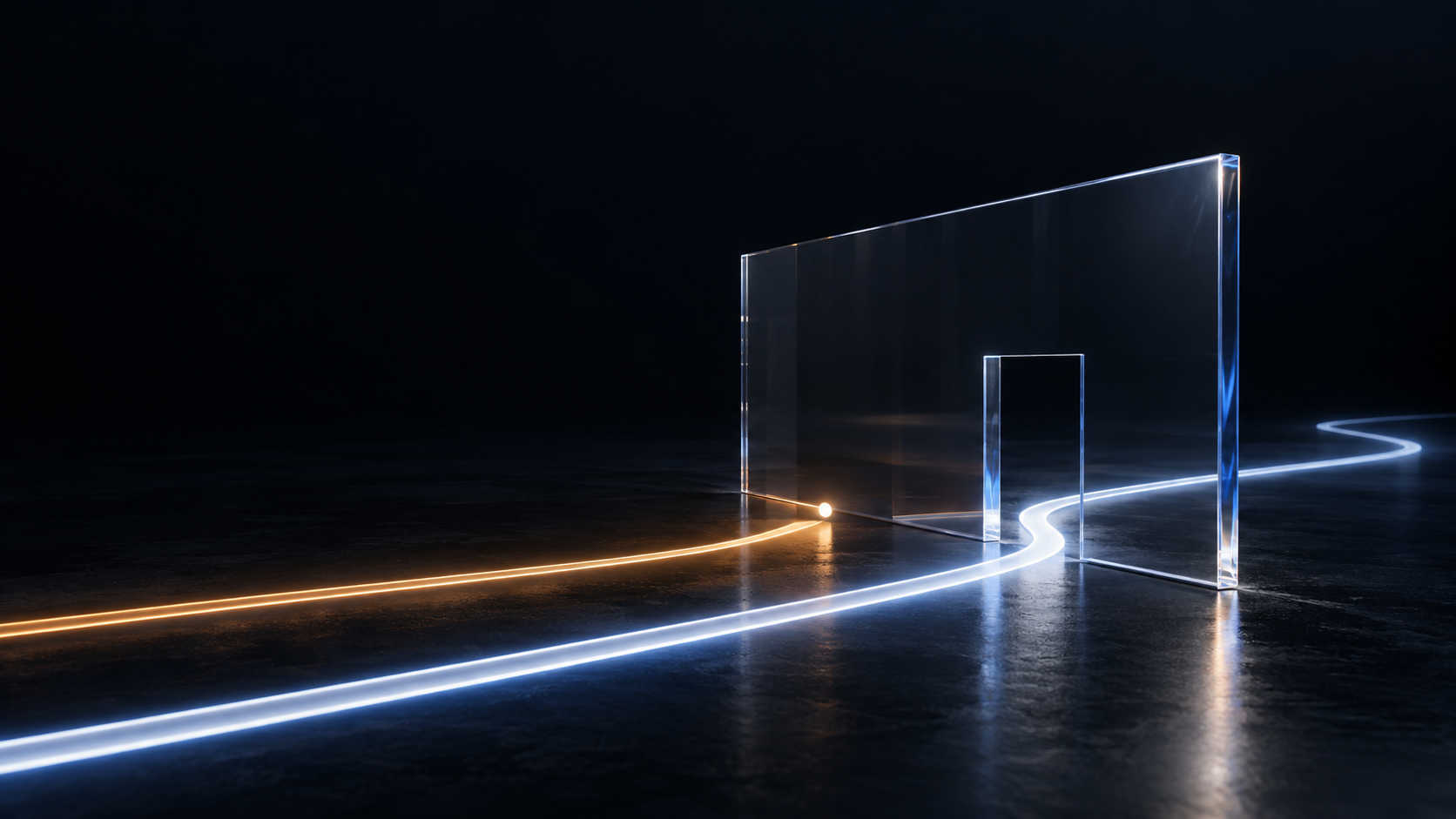 Original conceptual artwork: a white light path passes through a controlled glass opening while an amber path stops at its boundary.